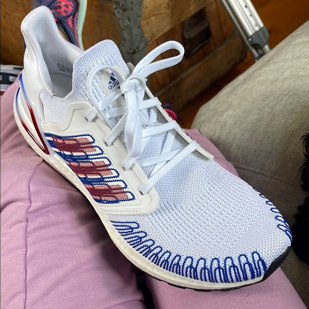 Adidas White Running Shoes with Blue and Red Highlights
